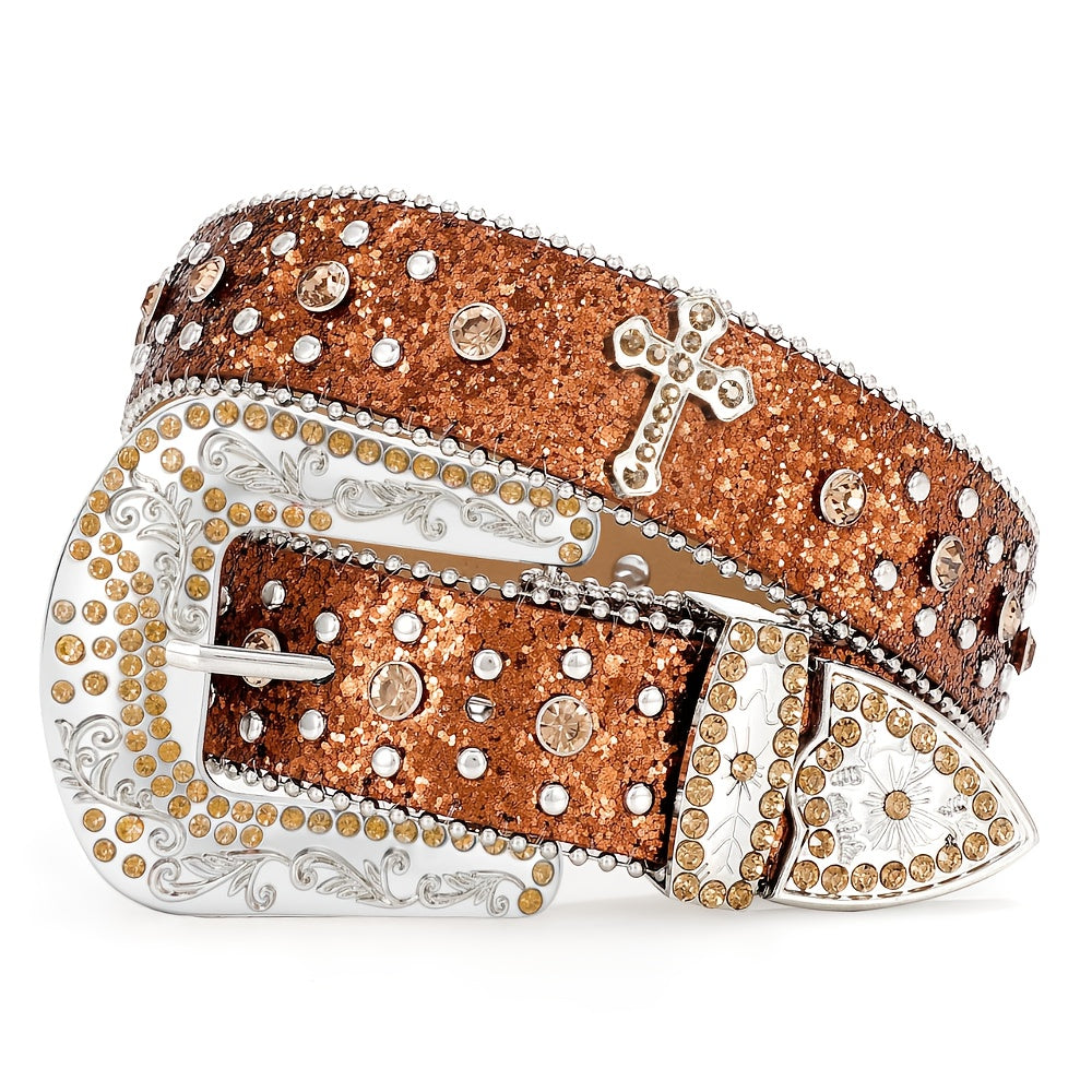 Western Belt – Rhinestone Studded Belt Unisex Punk Carved Buckle PU Leather – Western Hip-Hop Waist Strap