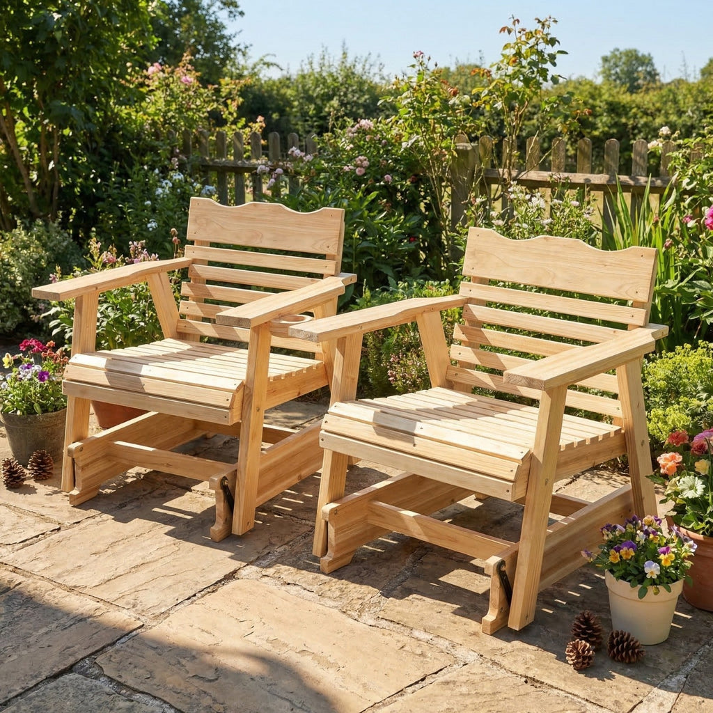 Wide Solid Wood Patio Rocking Chair with Armrests and Cup Holder