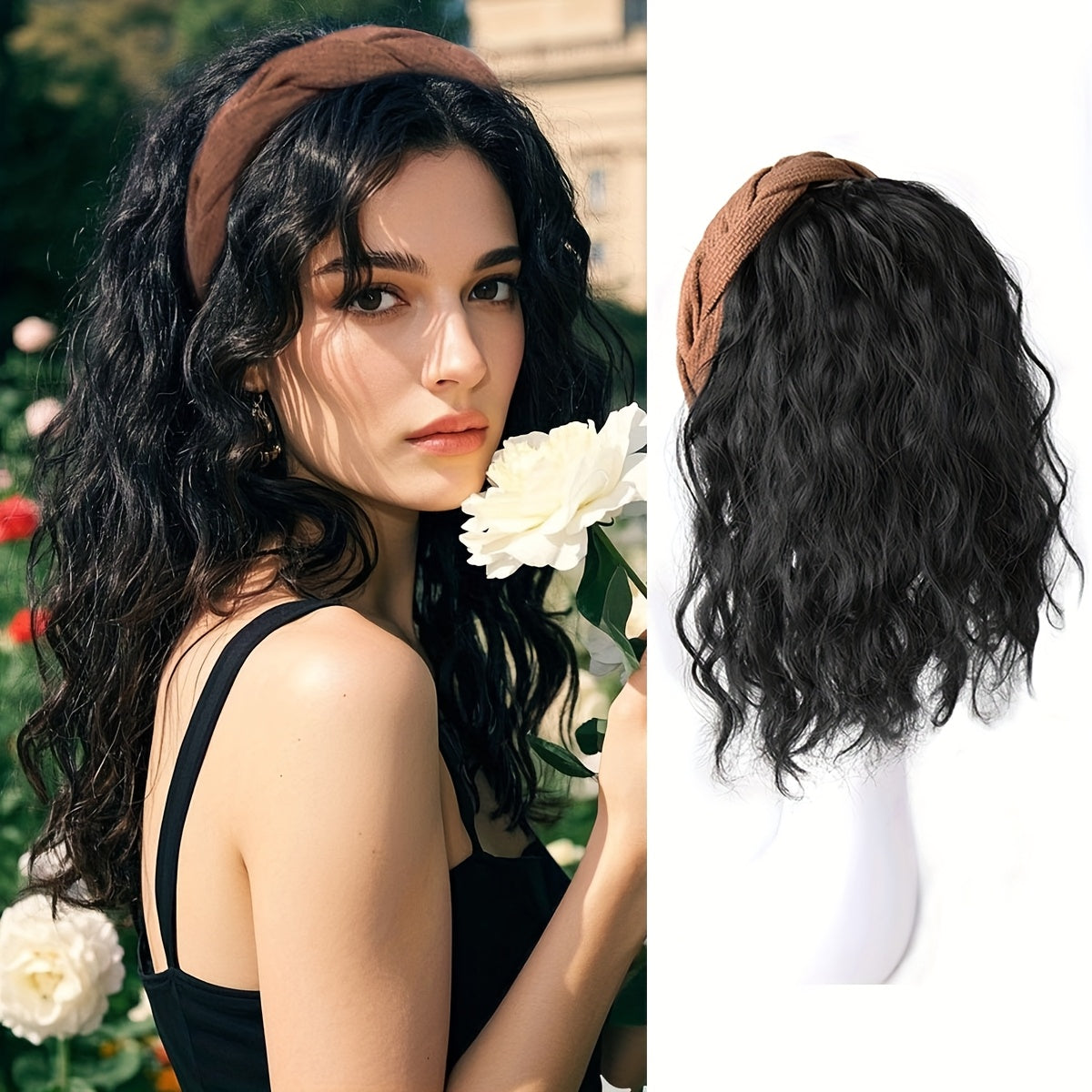 Wig Half-Hair Patch with Water-Ripple Waves, 12-Inch Synthetic Fiber in Black and Brown Color Options
