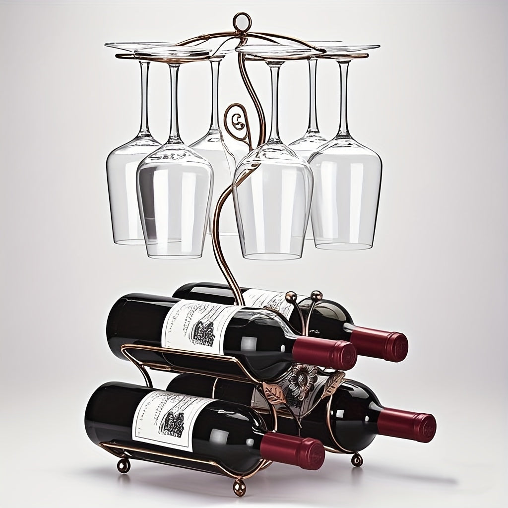 Tabletop Wine Rack with Four Bottle Cradles and Six Stemware Holders in Scrollwork Stand Design