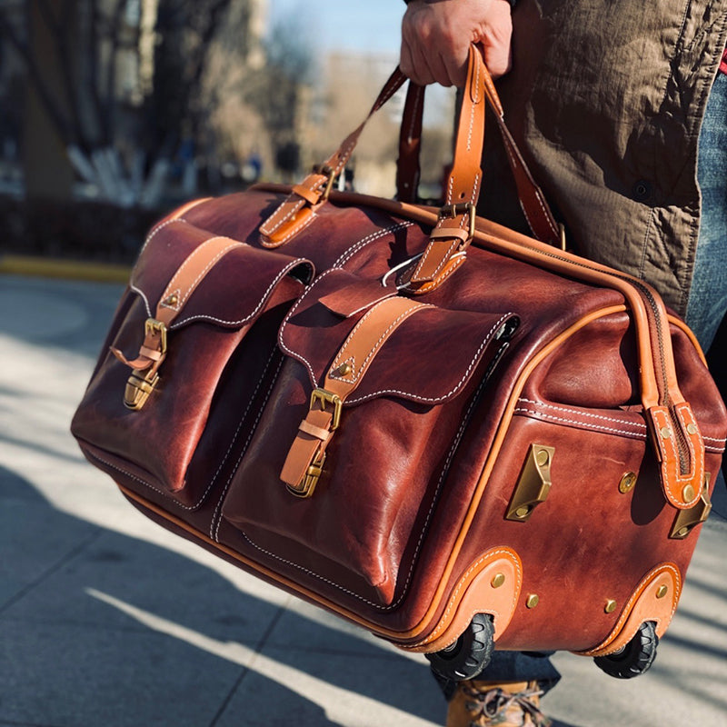 Handmade Leather Travel Bag With Wheels 23.6in Carry On Rolling Duffel Luggage