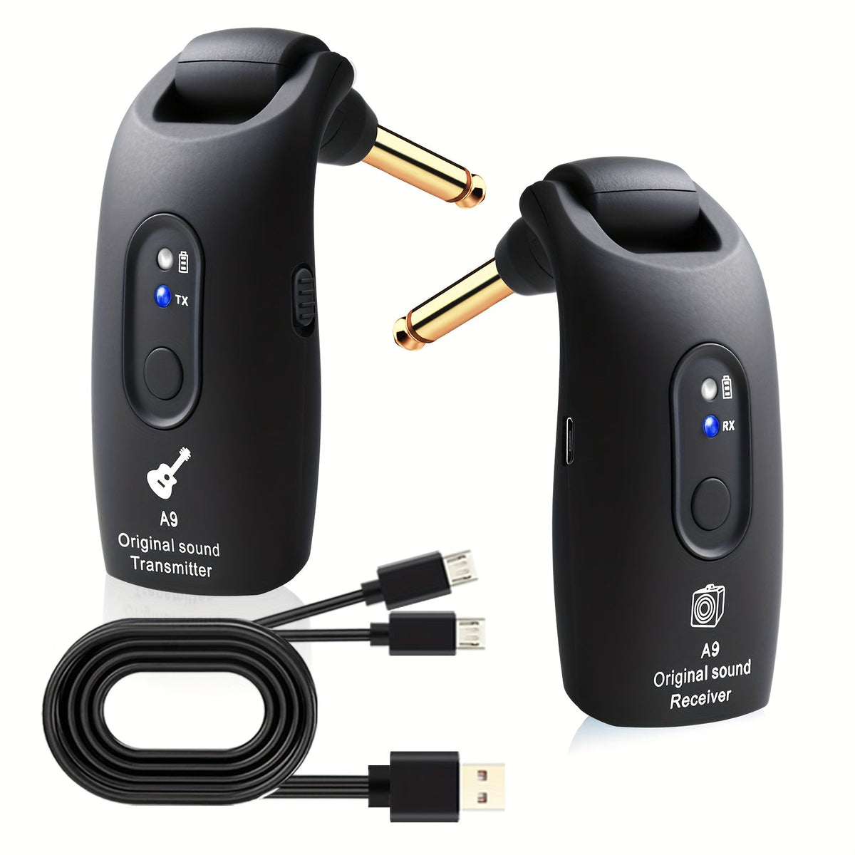 Wireless Instrument System A9 2.4GHz Transmitter Receiver Pair with 6.35mm Plugs, USB Charging and Black or Blue Finish