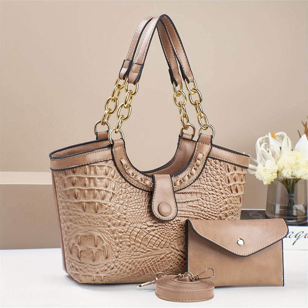 2-Piece Croc-Embossed PU Leather Handbag Set with Shoulder Tote, Crossbody Purse & Adjustable Strap in 7 Colors