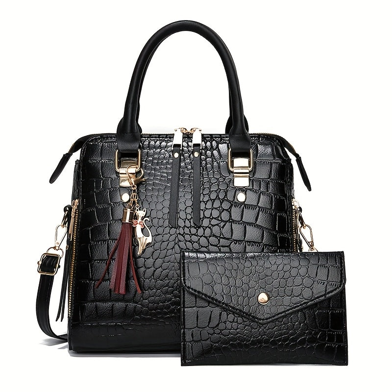 Women's Croc-Embossed 2-Piece Satchel Set with Envelope Pouch, Cat Charm, Tassel and Adjustable Strap