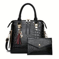 Women's Croc-Embossed 2-Piece Satchel Set with Envelope Pouch, Cat Charm, Tassel and Adjustable Strap