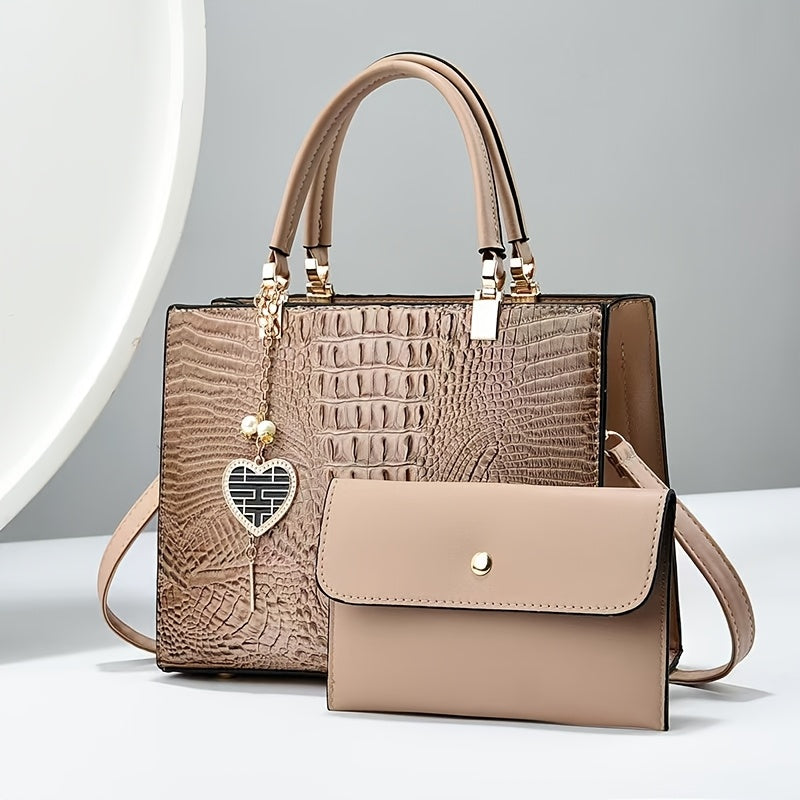 2-Piece Monogram Panel Tote Crossbody Set with Matching Clutch, Adjustable Strap and 3 Colors