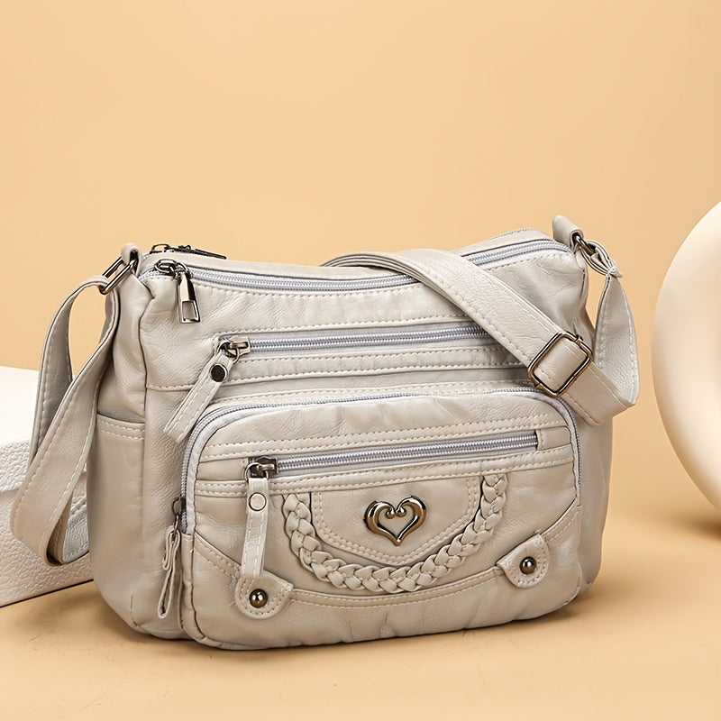 Vintage Multi-Pocket Crossbody Bag for Women with Heart Badge, Adjustable Strap and 4 Color Options
