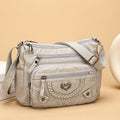 Vintage Multi-Pocket Crossbody Bag for Women with Heart Badge, Adjustable Strap and 4 Color Options