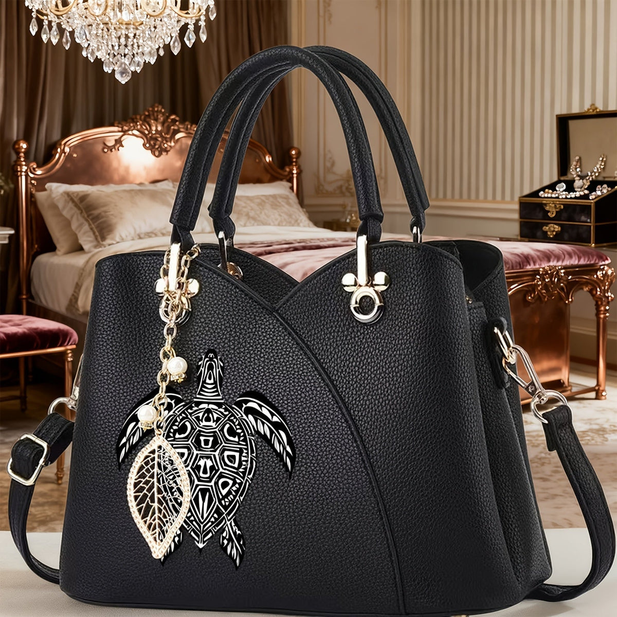 Crossbody Bag with Geometric Turtle Print, Top Handle, Zip Closure, Leaf Charm and Detachable Strap in 2 Colors