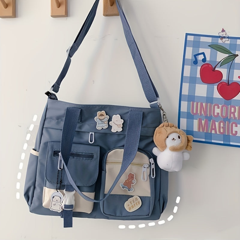 Canvas Multi-Pocket Crossbody Tote for Women with Contrast Webbing, Top Handles and Bottle Pockets