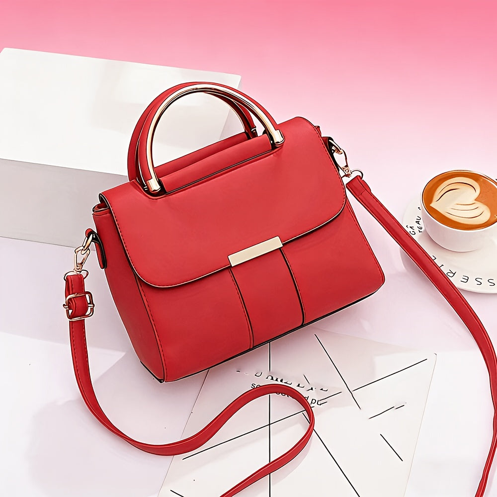 Retro Flap Top-Handle Crossbody Bag with Metal Bar Closure, Structured Body and 2 Color Options