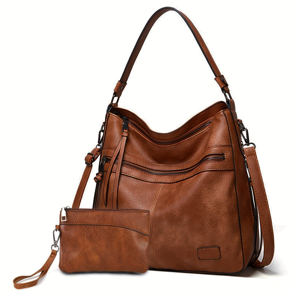 Vintage Double-Zip Hobo Crossbody Bag for Women with Top Handle, Removable Strap and 5 Colors