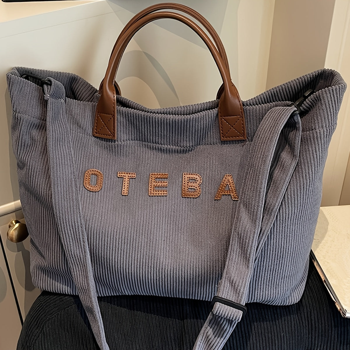 Corduroy TOTE BAG Crossbody Shopper with Embroidered Lettering, Top Handles, Long Strap & 5 Colors