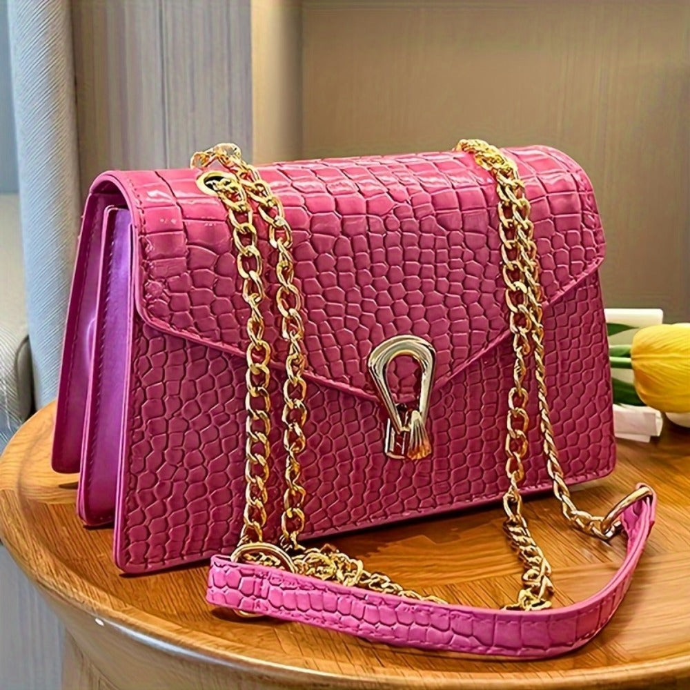 Crossbody Bag for Women – Croc Embossed Chain Glossy Faux – front view