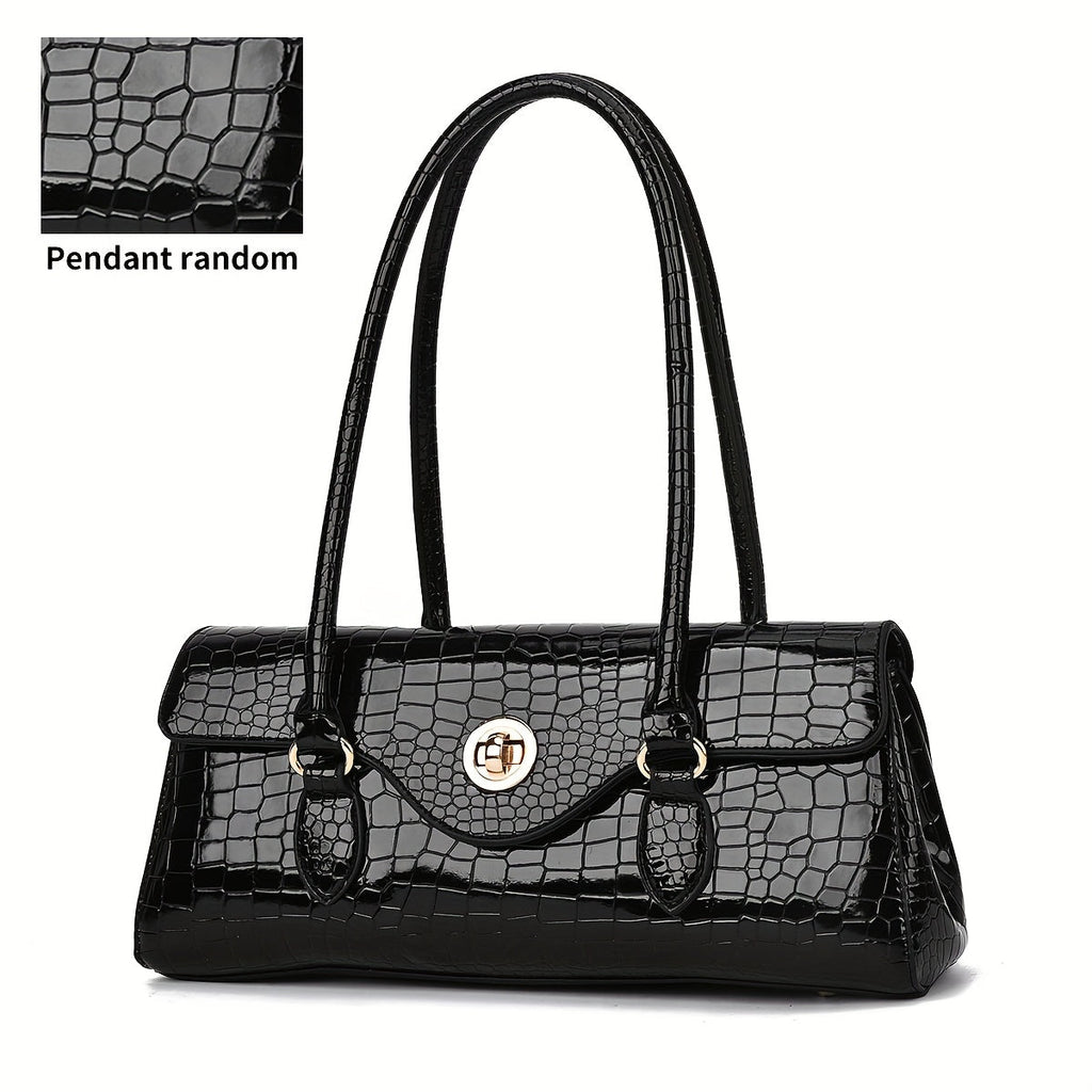 High-Gloss Crocodile-Embossed Satchel Crossbody Bag with Round Turn Lock, 13.8-Inch Body & 6 Colors