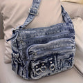 Women's Washed Denim Crossbody Bag with Multi-Zip Pockets, Grommet Details & Adjustable Strap for Casual Travel
