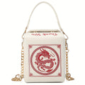 Dragon Graphic Box Crossbody Bag with Frame-Top Closure, Short Handle, Chain Strap & 3 Finishes