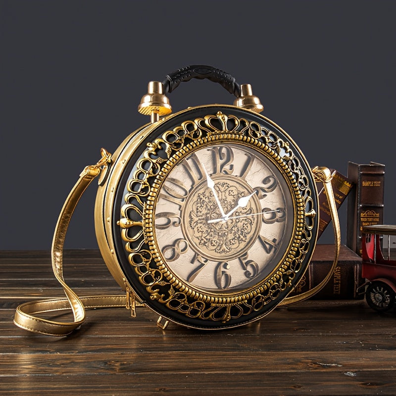 Steampunk Clock Crossbody Bag with Round Dial Face, Top Handle & Zippered Interior for Cosplay and Statement Carry
