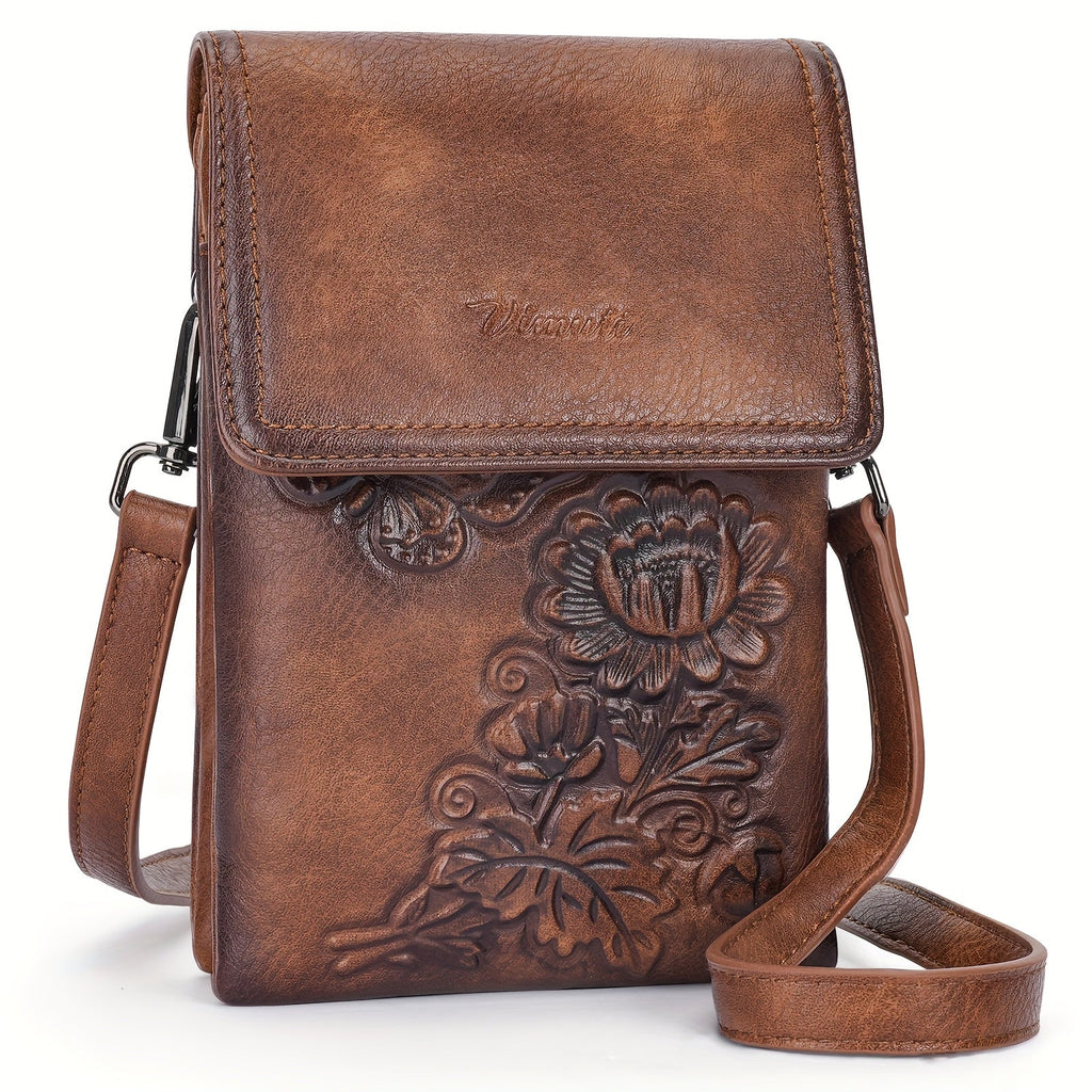 Vintage Floral-Embossed Phone Pouch Crossbody with Magnetic Flap, Wrist Strap & Adjustable Long Strap