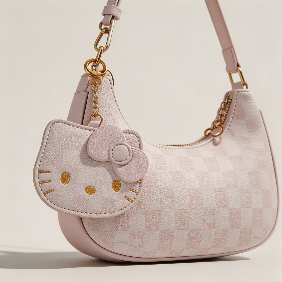 Pink Cat Face Shoulder Bag with Checkered Crescent Body, Detachable Coin Purse & Chain Accent for Kawaii Outfits