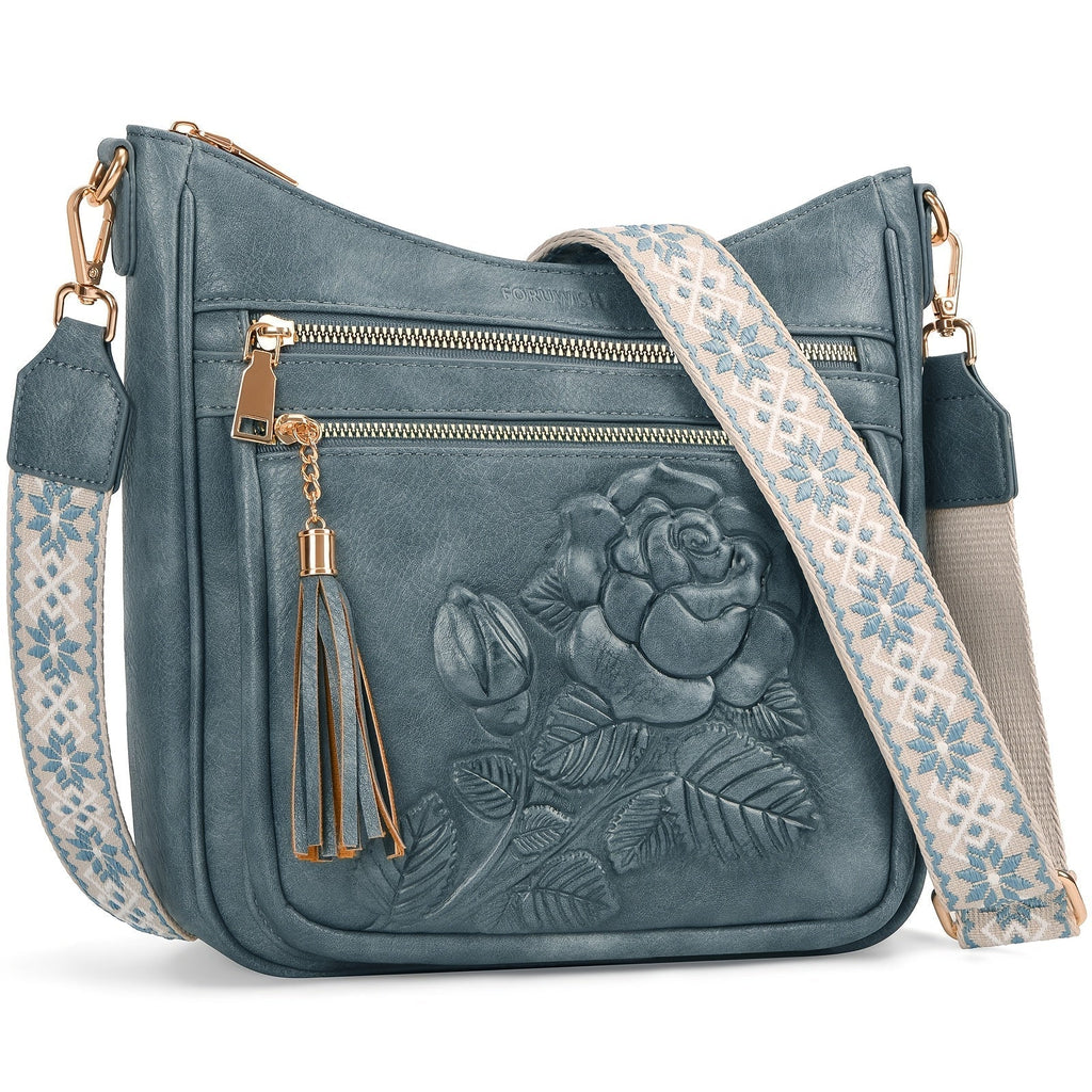 Embossed Floral Multi-Pocket Crossbody Bag with Tassel Zippers, Wide Patterned Strap and 26 cm Medium Body