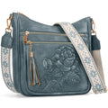 Embossed Floral Multi-Pocket Crossbody Bag with Tassel Zippers, Wide Patterned Strap and 26 cm Medium Body