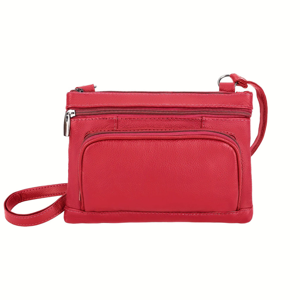Women's Genuine Leather Multi-Pocket Crossbody Bag with Wide Adjustable Strap & Zipper Closure for Daily Commutes