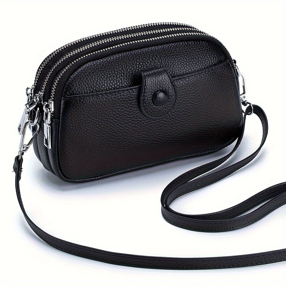 Women's Genuine Leather Triple-Zip Crossbody Bag with Compact Oval Shape, Adjustable Strap & Nine Colors
