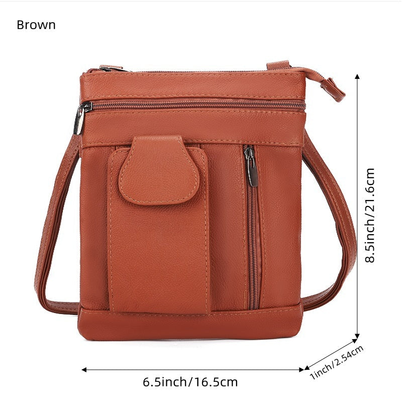 Genuine Leather Organizer Crossbody Bag with Front Flap Pocket, Multi-Zip Storage and 2 Sizes in 6 Colors