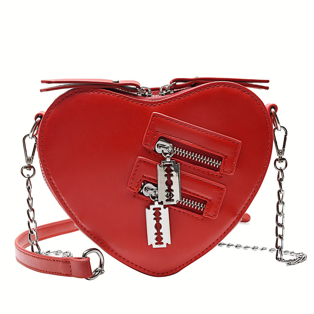 Women's 7.87-Inch Gothic Heart Crossbody Bag with Double Razor-Blade Zippers and Chain Strap