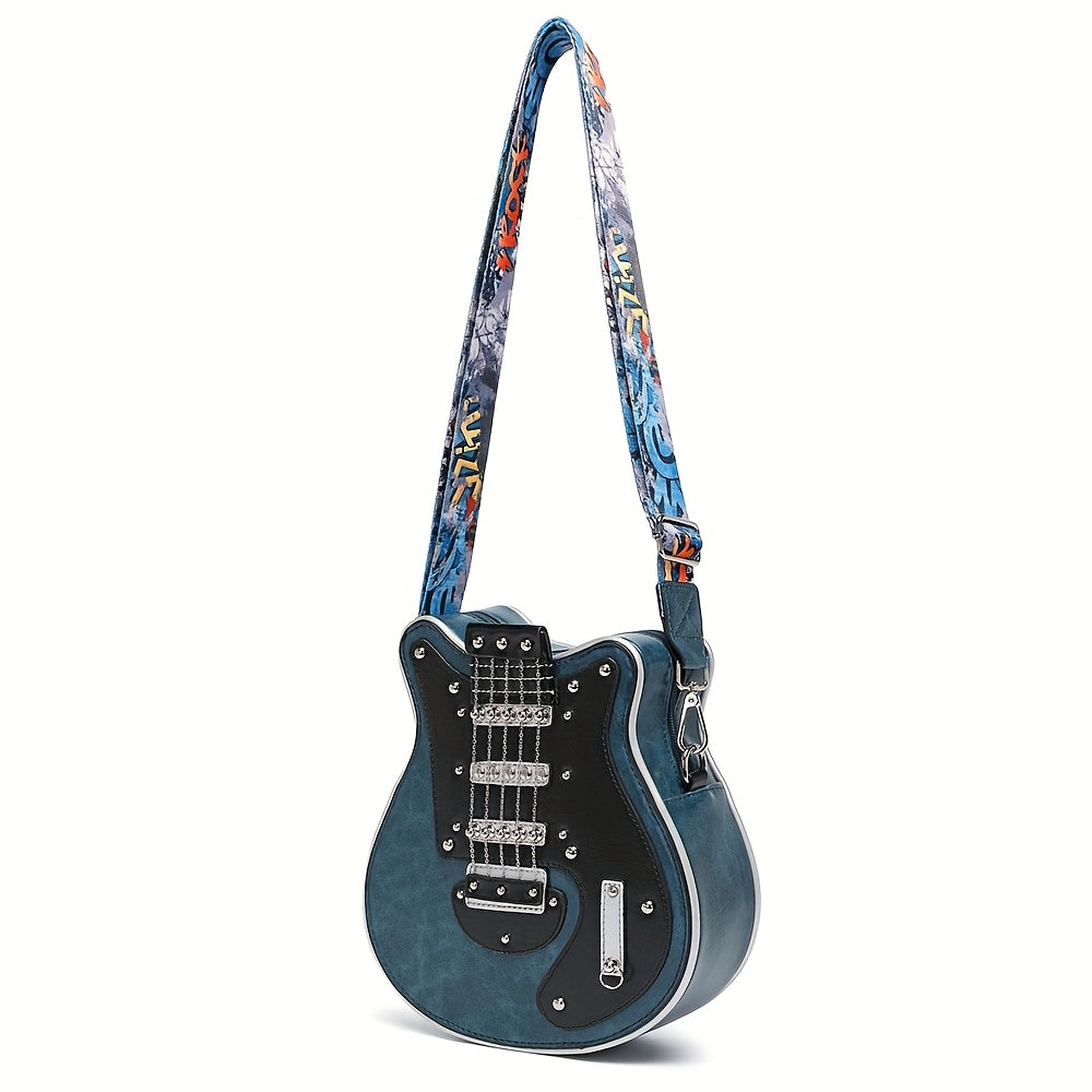 Guitar-Shaped Y2K Crossbody Bag with Rivet Trim, Wide Printed Strap and 4 Color Options for Music Fans