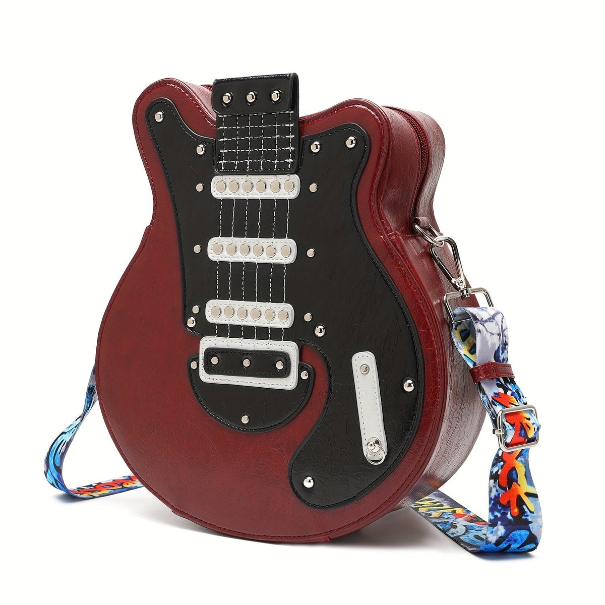 Women's Guitar-Shaped Y2K Punk Crossbody Bag with Keyboard Graphic, Studs & Removable Strap