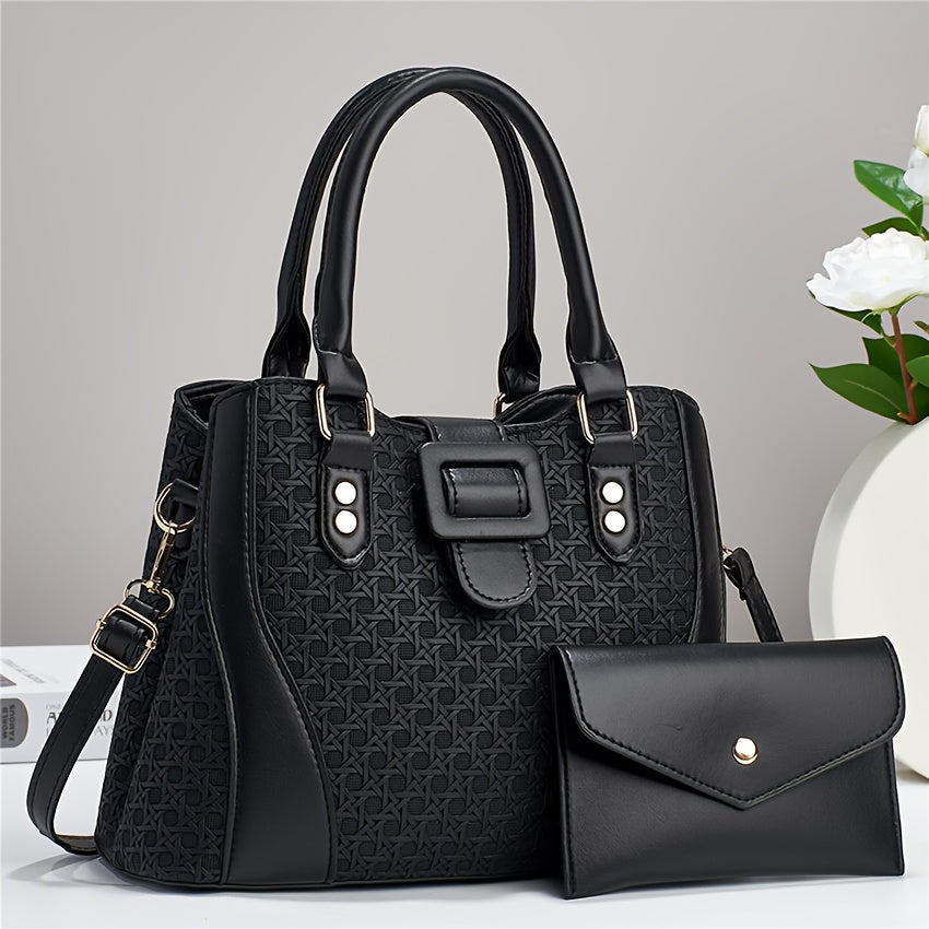 Woven Panel Studded Tote Crossbody Bag with Matching Purse, Adjustable Strap and Large Capacity for Women's Everyday Carry
