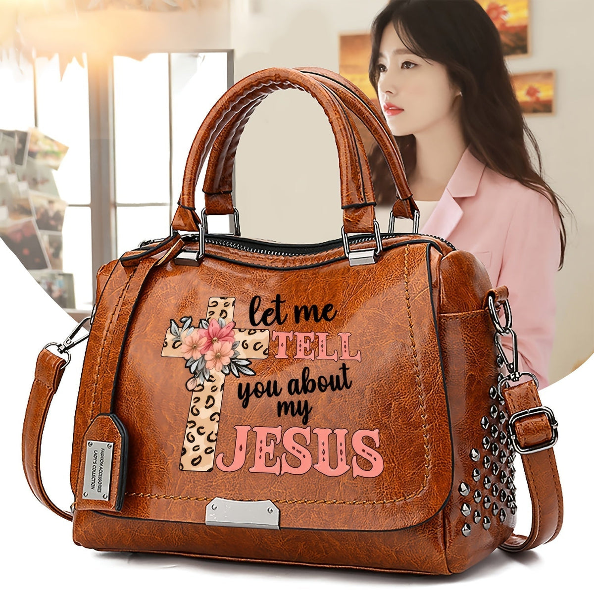 Western Crossbody Boston Bag with Jesus Scripture Graphic, Top Handles, Zip Closure & 2 Color Options