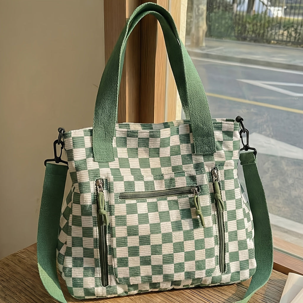 Checkered Woven Tote Crossbody Bag with Roomy Interior, Top Handles and Removable Strap in 3 Colors