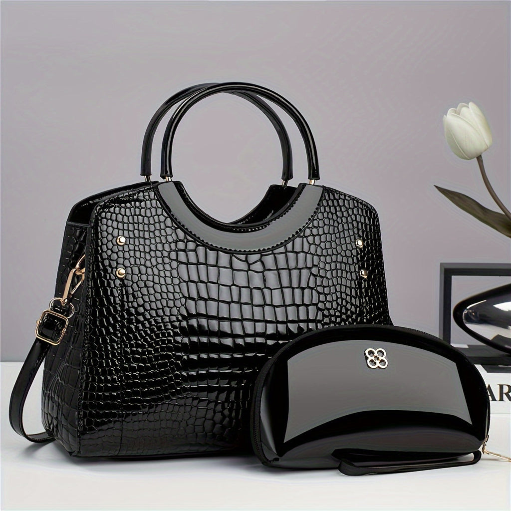 Large Croc-Embossed Tote Bag with Detachable Crossbody Strap & Bonus Scarf or Charm for Work, Shopping and Travel