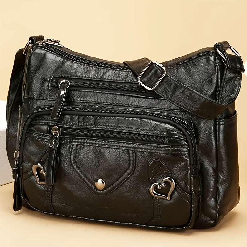 Vintage Multi-Pocket Crossbody Bag with Soft Microfiber Body, Adjustable Strap and Heart Hardware in 3 Colors