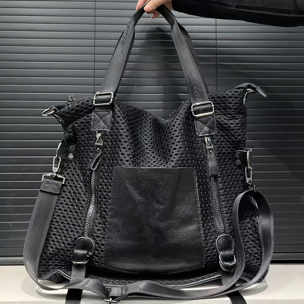 Crossbody Hobo Backpack in Perforated Top-Grain Leather with 3-Way Carry, Large Interior and Zip Closure