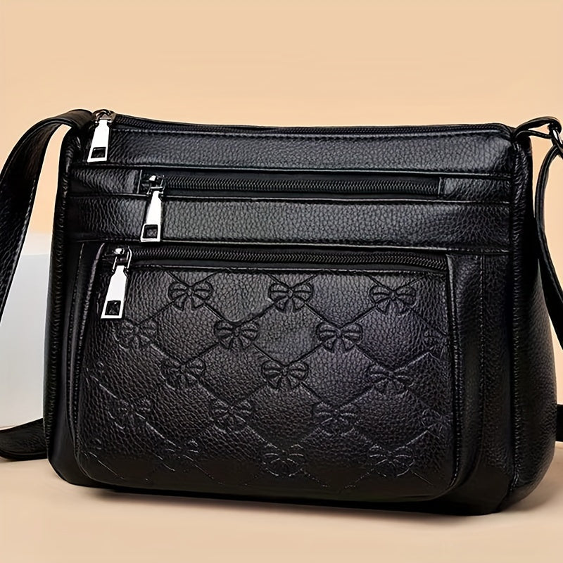Multi-Zip Floral-Embossed Crossbody Shoulder Bag with Adjustable Strap and 25 cm Organized Everyday Storage