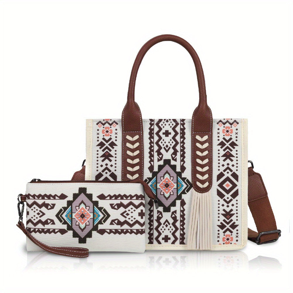 Geometric Boho Large Crossbody Tote for Women with Braided Handles, Zip Closure and 3 Colors