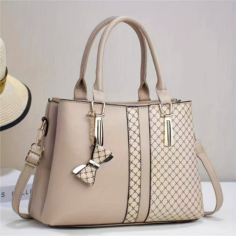 Woven Panel Structured Tote Crossbody Bag with Top Handles, Zip Closure and Roomy Workday Storage for Women