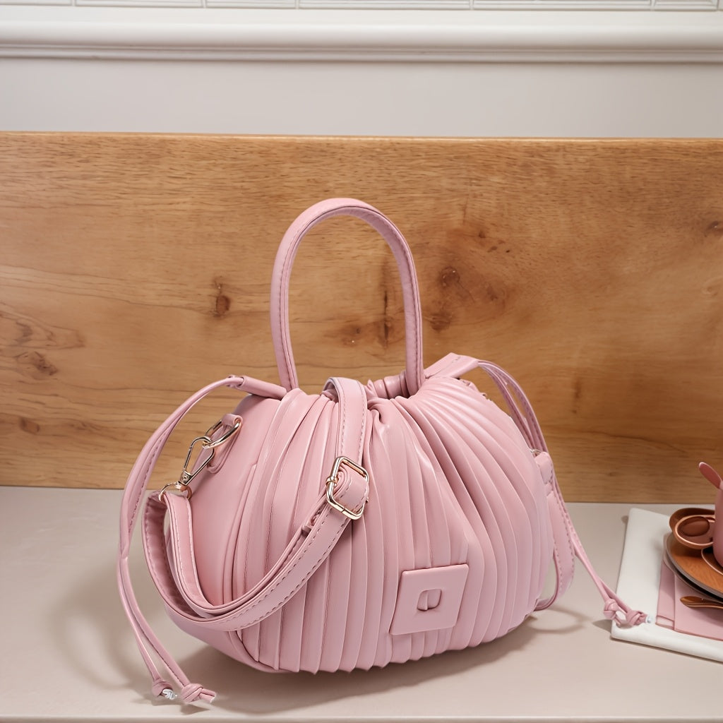 Pleated Drawstring Mini Bucket Crossbody Bag with Top Handle and Adjustable Strap for Travel, Dates and Daily Outings