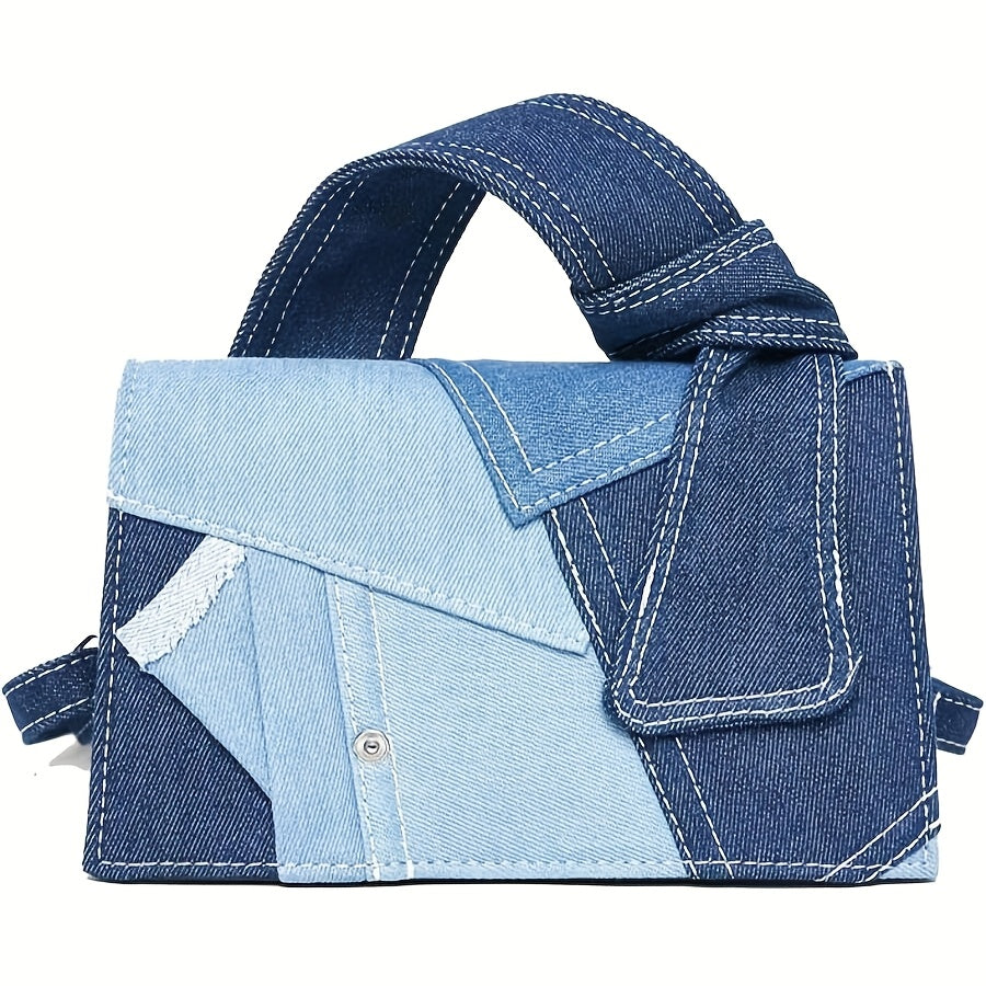 Two-Tone Denim Patchwork Crossbody Tote with Top Handles, Magnetic Closure and Wide Adjustable Strap