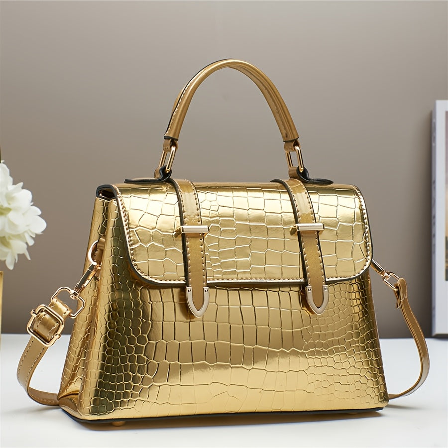 Women's Croc-Embossed Structured Satchel Crossbody Bag with Buckle Flap, Double Handles & Seven Colors