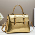 Women's Croc-Embossed Structured Satchel Crossbody Bag with Buckle Flap, Double Handles & Seven Colors
