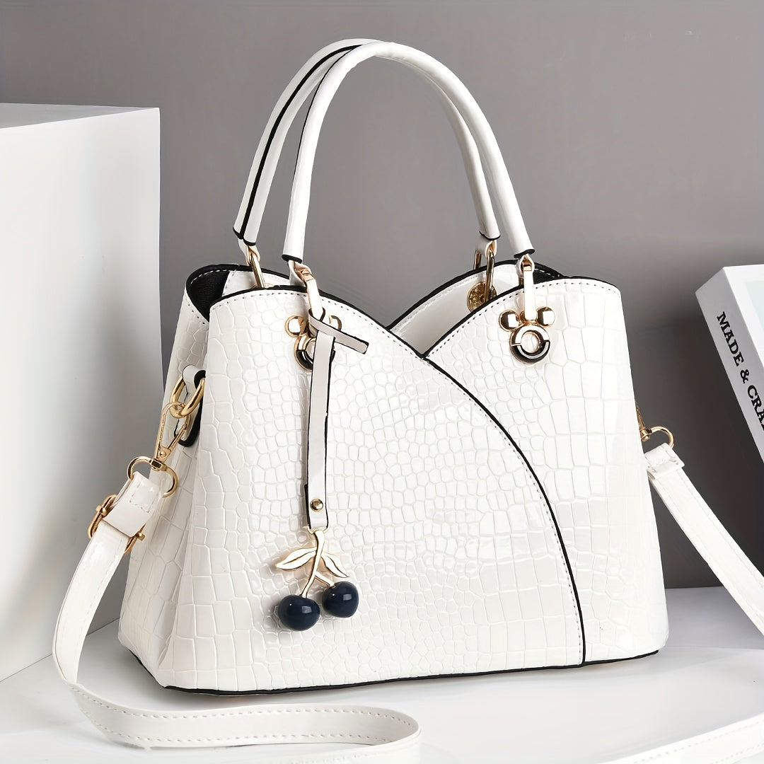 Shiny Crocodile-Embossed Crossbody Tote with Triple-Section Interior, Top Handles & 2 Colors