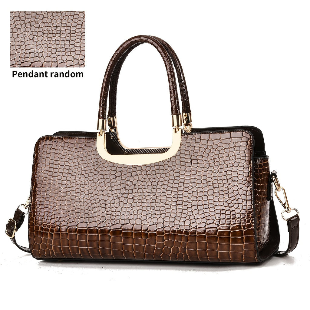 Glossy Croc-Embossed Evening Bag with Metal Handle, Zipper Closure & Convertible Crossbody Strap for Weddings and Parties