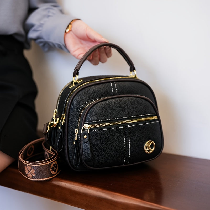 Compact Dome Crossbody Bag with Dual Zip Sections, Top Handle and Wide Patterned Strap in 3 Neutral Colors