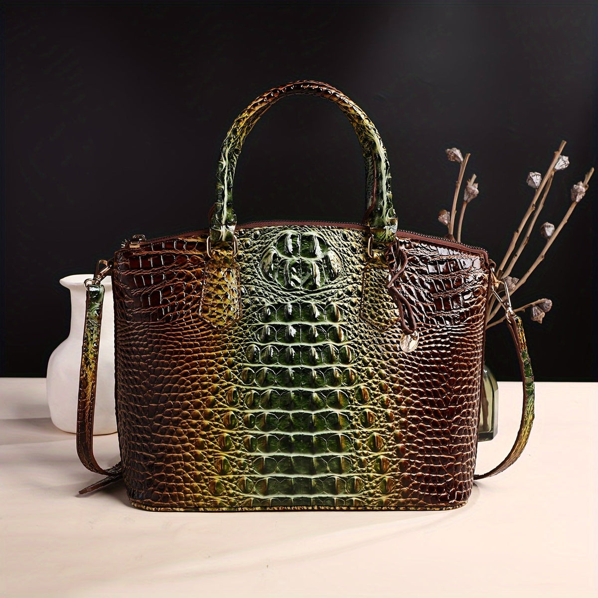 Gradient Crocodile-Embossed Tote Crossbody Bag with Top Handles, Zip Closure and 8 Colorways