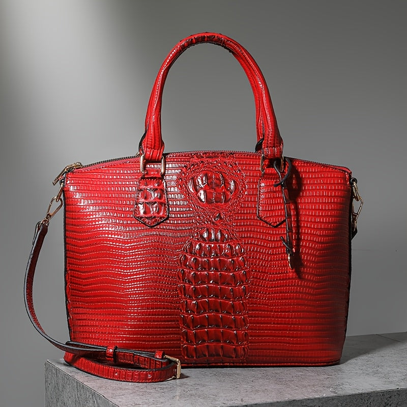 Crocodile-Embossed Laser-Cut Satchel Crossbody Bag with Top Handle, Zip Closure and 7 Colors
